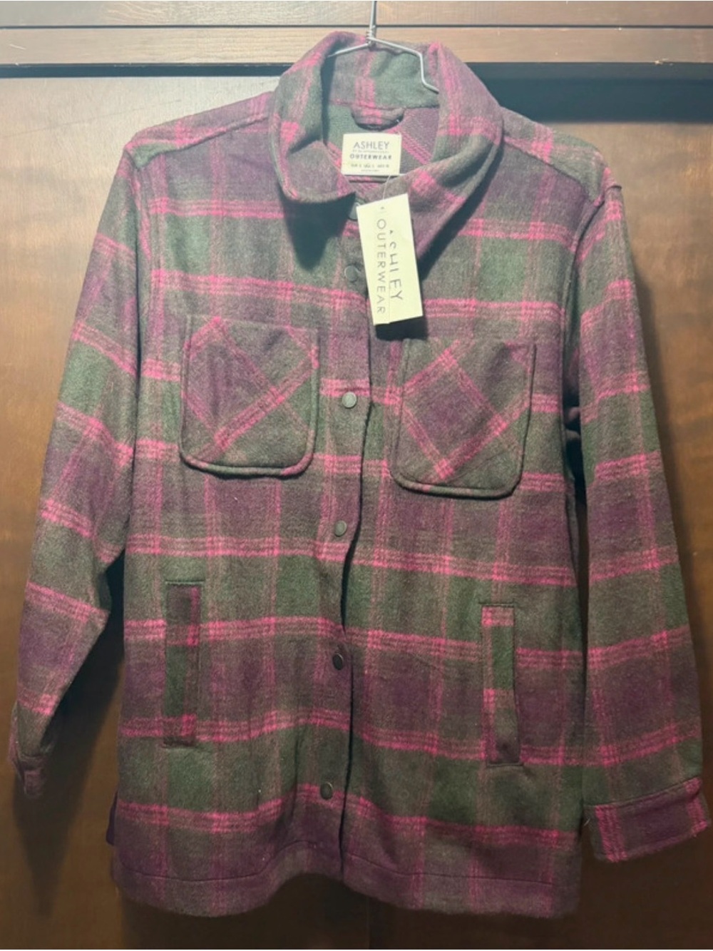 Ashley By 26 International Olive & Pink Plaid Utility Shacket